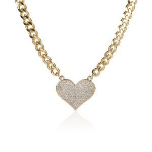 Gold Plated Micro Pave Heart, CZ Cubic Zirconia Cuban Link Necklace